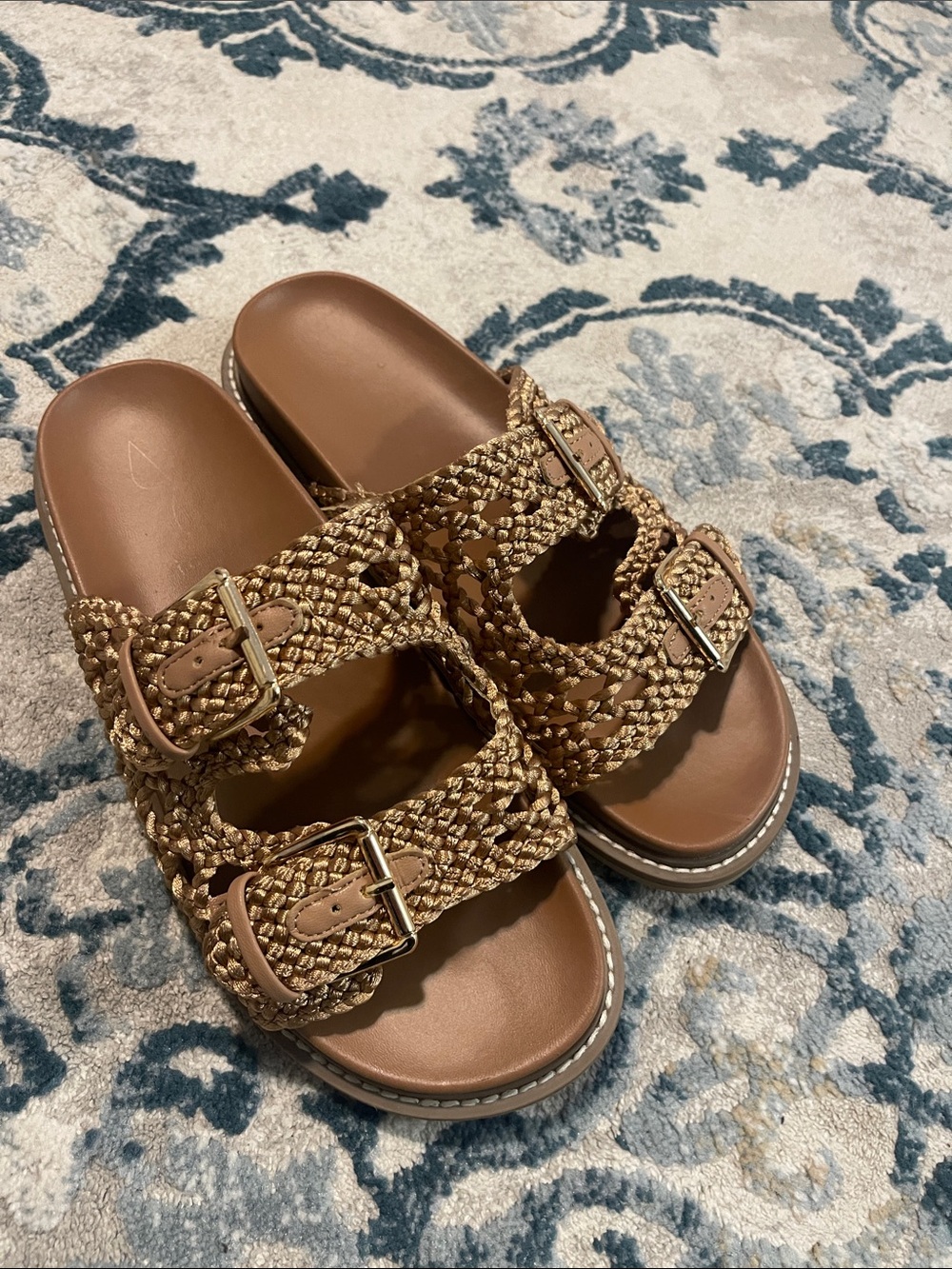 Joie Braided Double-Buckle Slide Sandals in Brown